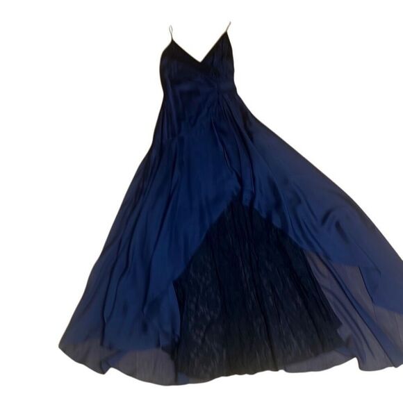 Meghan Silk Lace-Trim Dark Blue  Gown Dress 4 (024) - Picture 12 of 15